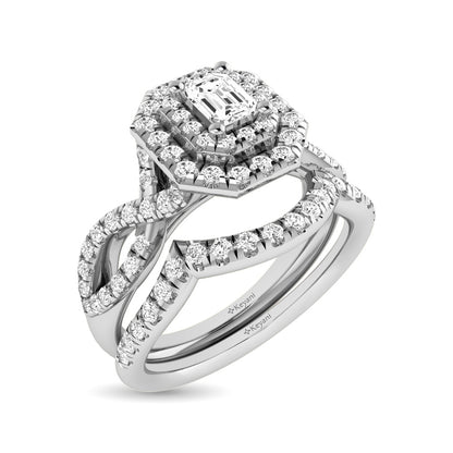 Diamond Twist Shank Double Halo Bridal Ring 3/4 ct tw Emerald Cut in 14K White Gold