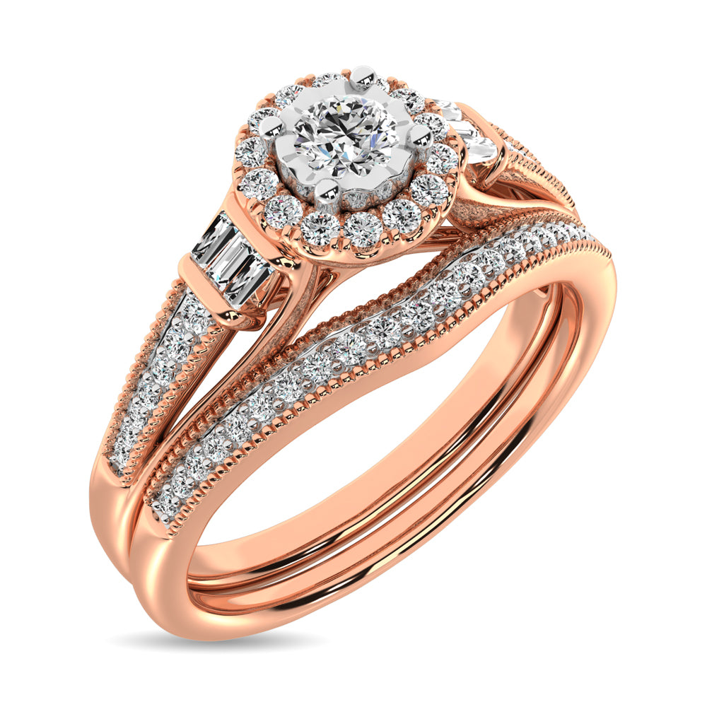 Diamond Bridal Ring 1/4 ct tw in Round and Straight Baguette in 10K Rose Gold