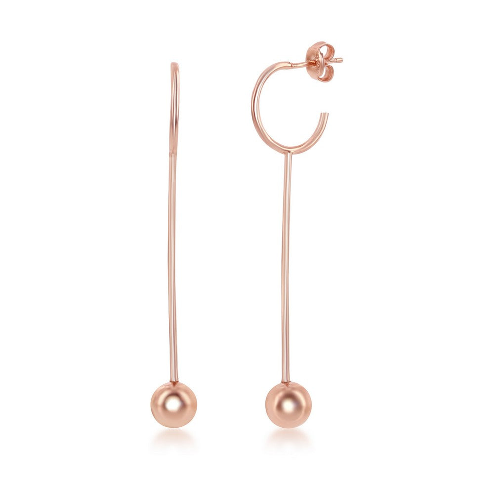 Sterling Silver Open Hoop Long Bar and Bead Earrings - Rose Gold Plated