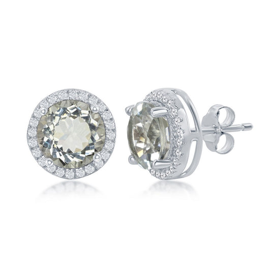 Sterling Silver 5.7cttw Green Amethyst Center Stone with 0.882cttw White Topaz Border Stud Earrings