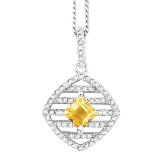 Sterling Silver .665 ct Square Citrine with .552 ct White Topaz Necklace