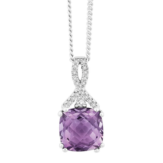 Sterling Silver 3.006 ct Cushion Amethyst with .195 ct White Topaz Necklace