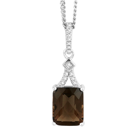 Sterling Silver 3.18 ct Octagon Smokey Quartz with .112 ct White Topaz Necklace