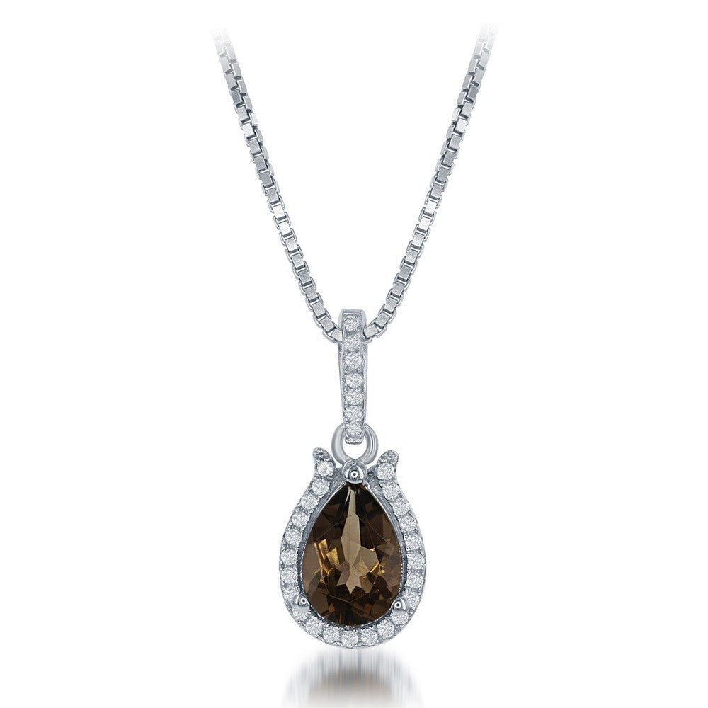 Sterling Silver 1.151 ct Pear Smokey quartz with .24 ct White Topaz Necklace