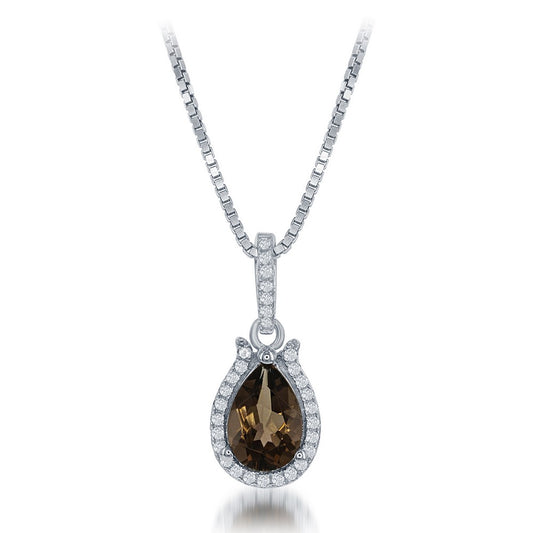 Sterling Silver 1.151 ct Pear Smokey quartz with .24 ct White Topaz Necklace