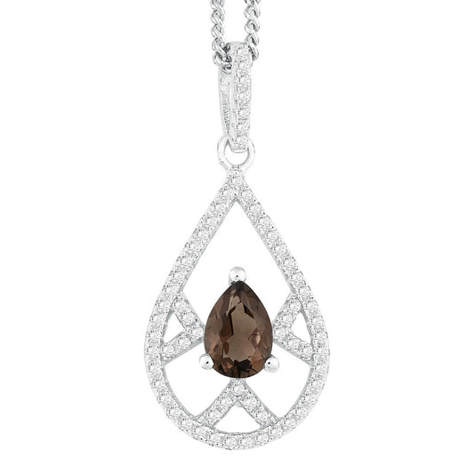 Sterling Silver .69 Pear Smoky Quartz with .504 ct White Topaz Necklace