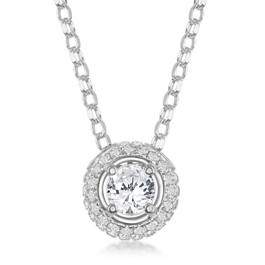 Sterling Silver 4mm Round White Topaz Surrounded by White Topaz 1.4cttw Pendant