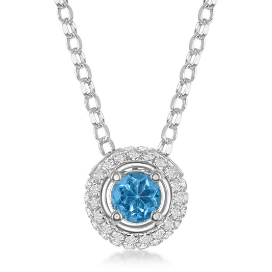 Sterling Silver 4mm Round Blue Topaz Surrounded by White Topaz 1.4cttw  Pendant