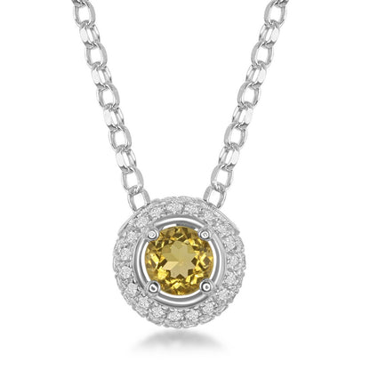 Sterling Silver 4mm Round Citrine Surrounded by White Topaz 1.26cttw  Pendant