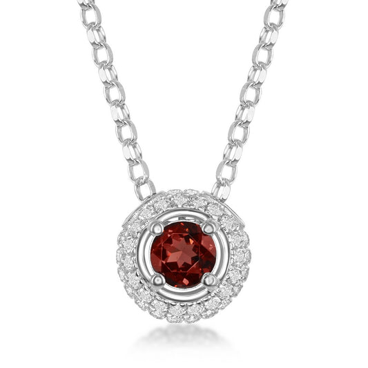 Sterling Silver 4mm Round Garnet Surrounded by White Topaz 1.36cttw Pendant