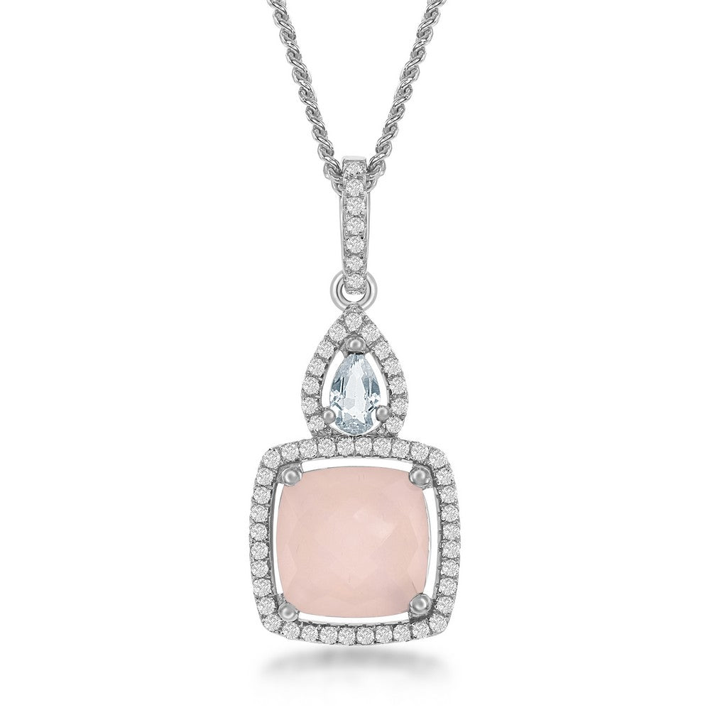 Silver White Topaz Teardrop With Larger Rose Quartz & White Topaz Border 3.86cttw Necklace