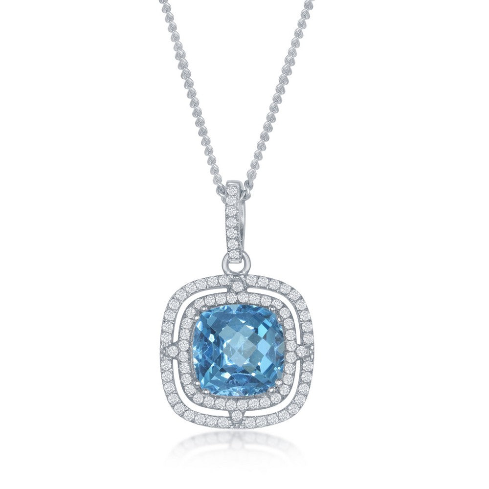 Sterling Silver Square Swiss Blue with Double White Topaz Border Pendant