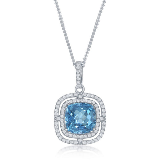 Sterling Silver Square Swiss Blue with Double White Topaz Border Pendant