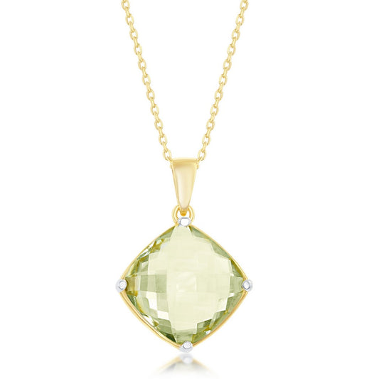 Sterling Silver Gold Plated Four-Prong Checkered 7.22cttw Green Amethyst Necklace