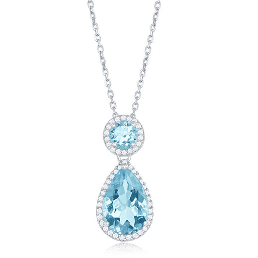 Sterling Silver Round & Pear-Shaped 0.6684cttw Blue Topaz with 0.461cttw White Topaz Border Necklace