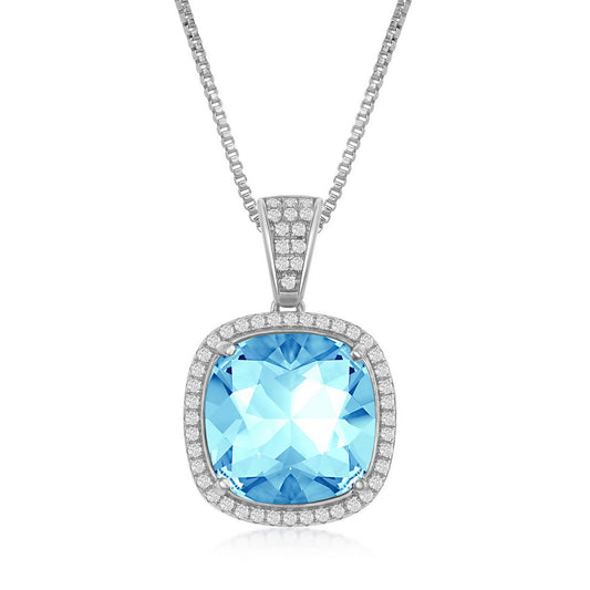 Sterling Silver CZ and 12mm Cushion Square Aqua Swarovski Element Necklace