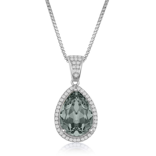 Sterling Silver CZ and 14x10mm Pearshaped Halo - Black Diamond Swarovski Element Necklace