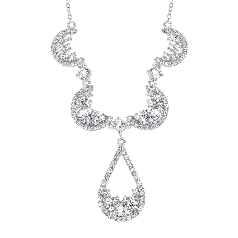 Sterling Silver Crescent Shape With  5.55cttw White Topaz & Center Open Teardrop Necklack