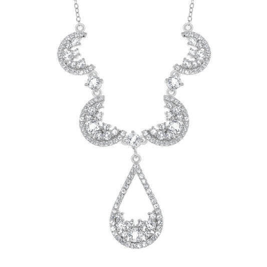 Sterling Silver Crescent Shape With  5.55cttw White Topaz & Center Open Teardrop Necklack