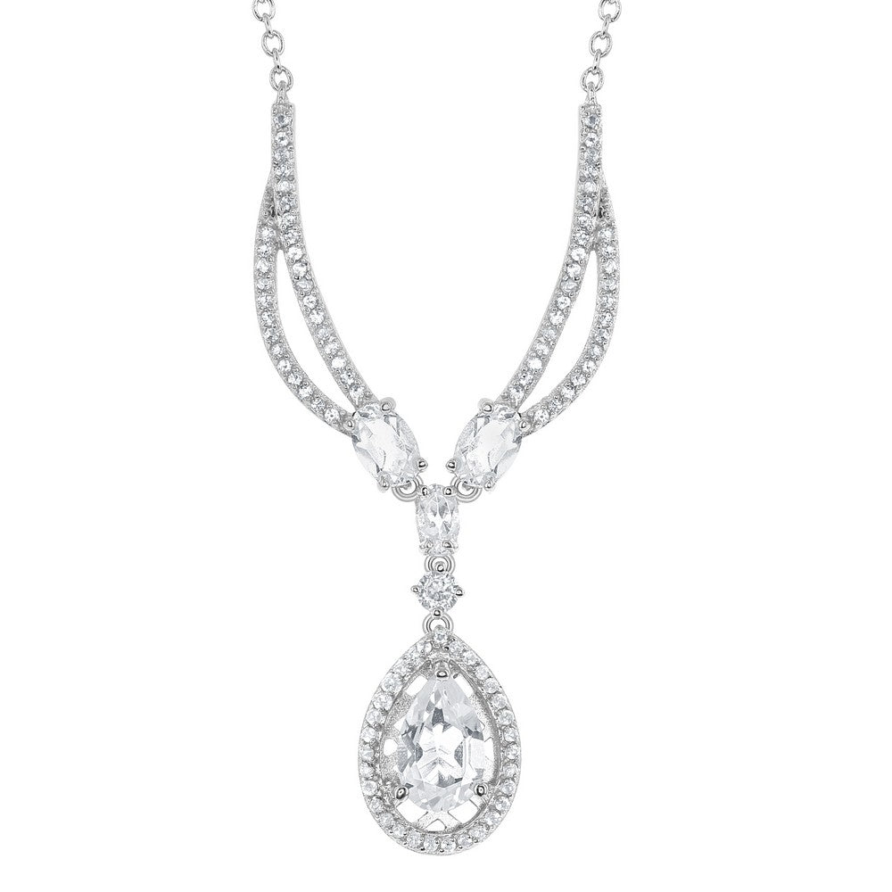 Sterling Silver 3.569 cttw White Topaz Teardrop with White Topaz Border Necklace