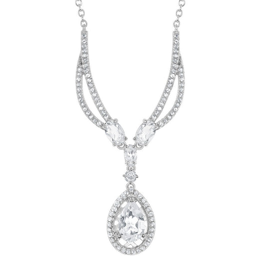 Sterling Silver 3.569 cttw White Topaz Teardrop with White Topaz Border Necklace