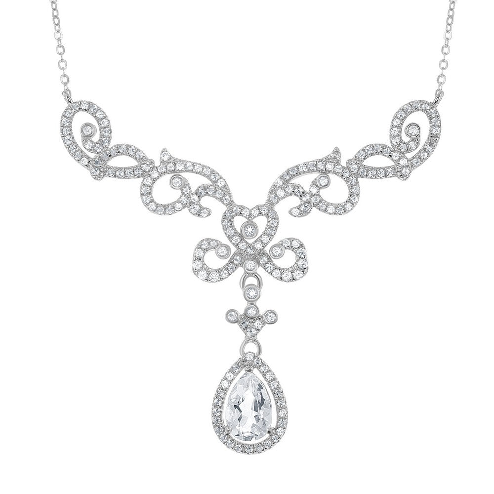 Sterling Silver 2.9cttw White Topaz Elaborate Designed Teardrop Bridal Necklace
