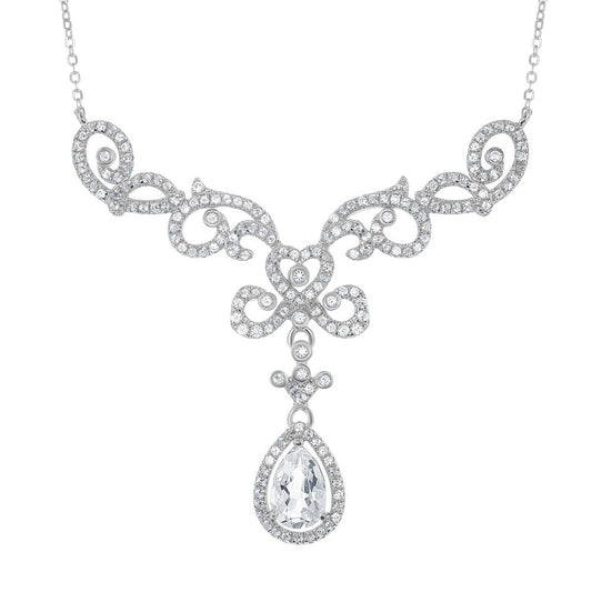 Sterling Silver 2.9cttw White Topaz Elaborate Designed Teardrop Bridal Necklace