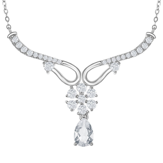 Sterling Silver Y Design Flower and 3.15 cttw White Topaz Teardrop Bridal Neckalce