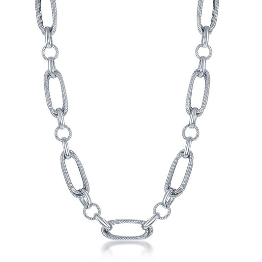 Sterling Silver Rope Designed Oval and Polished Circle Linked Necklace, MADE IN  ITALY