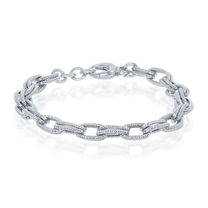 Sterling Silver Rope Design Double Oval Linked Bracelet, MADE IN ITALY