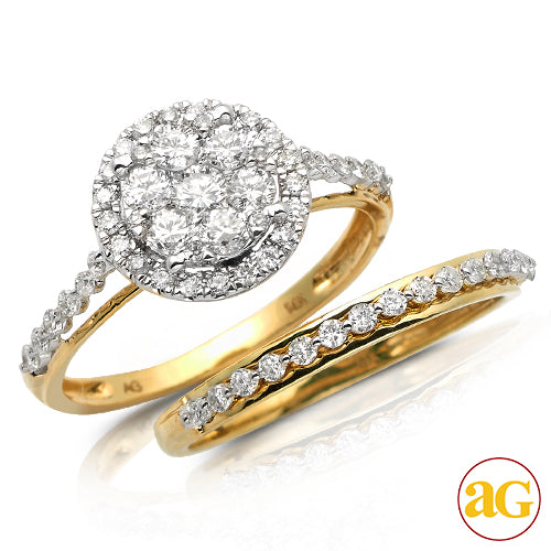 14KY 1.10CTW DIAMOND ROUND CLUSTER BRIDAL SET WITH