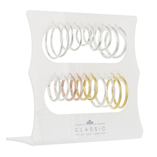 USE  COL 047        Sterling Silver, Rose and Gold Plated High Polish Hoop Earrings, 10 Pair Display