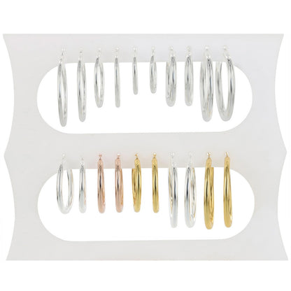 USE  COL 047        Sterling Silver, Rose and Gold Plated High Polish Hoop Earrings, 10 Pair Display