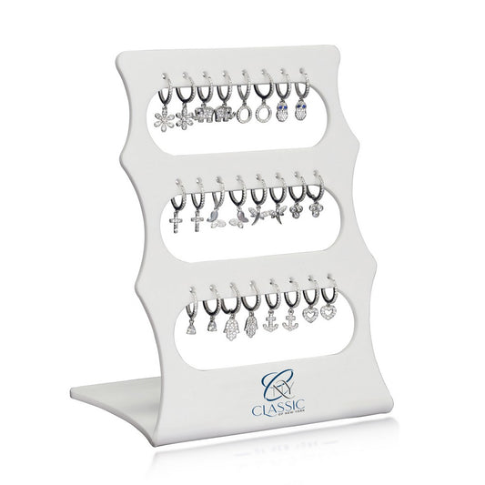 Set of 12, Mini Huggie-Earrings with Dangling Charms on a White Acrylic Display