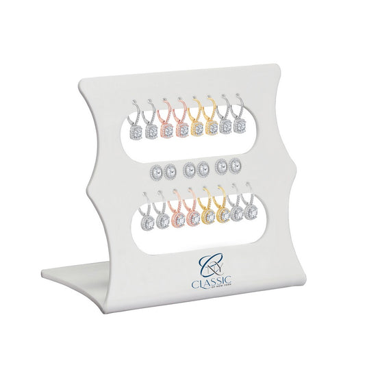 Set of 11, Round and Cushion-Cut Bridal Earrings, In Assorted Plating, On a White Acrylic Display