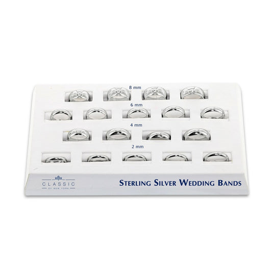 Sterling Silver Wedding Bands, 18PC on a White Leatherette Display