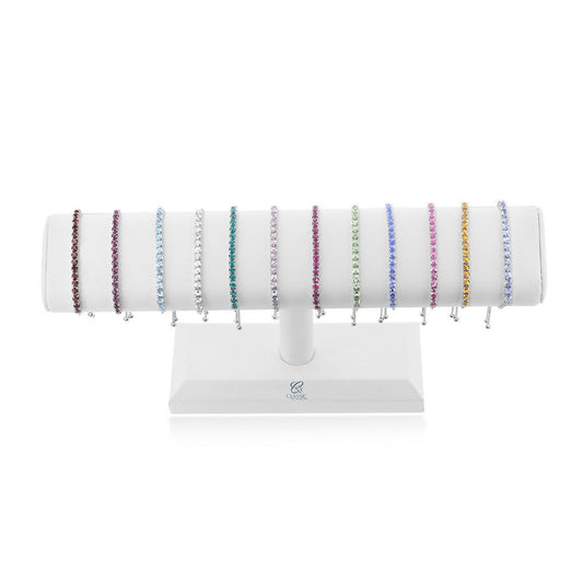 12PC Swarovski Birthstone Adjustable Bolo Bracelets on a White Leatherette Display