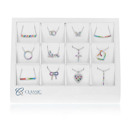 12 PC Sterling Silver Rainbow CZ Necklaces on a White Leatherette Display