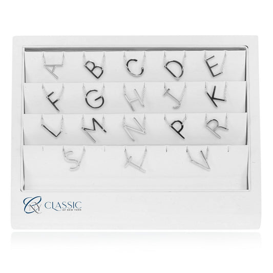 Sterling Silver 18 PC Sideways Initial Collection on a White Leatherette Display