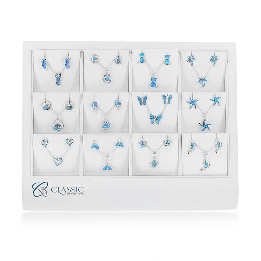 Collection of 12 Nautical & Basic Blue Opal Earring & Pendent Sets on a White Leatherette Display