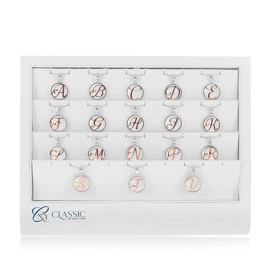18PC, Sterling Silver MOP Rose Gold Script Initials on a White Leathertte Display