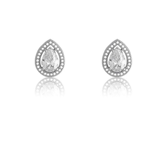 Sterling Silver Micro Pave With  Center CZ Teardrop Earrings (52 stones)