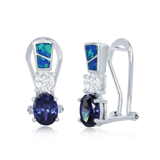 Sterling Silver Blue Inlay Opal, Round Clear CZ and Oval Tanzanite Earrings