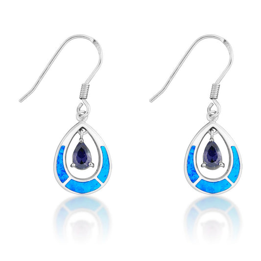 Sterling Silver Blue Inlay Opal Open Oval With Blue Teardrop CZ Earrings