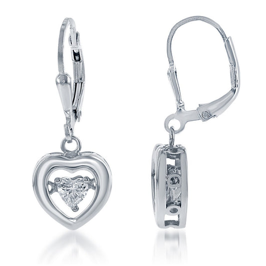 Sterling Silver Open Heart with Center Dancing CZ Earrings