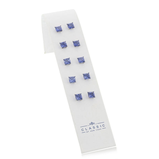 Sterling Silver Set of 5 Tanzanite CZ 6mm Square Stud Earrings
