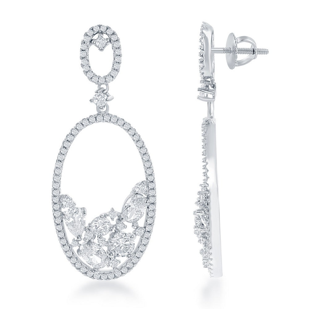 Sterling Silver Large Open Oval with Multi Shaped CZs Earrings