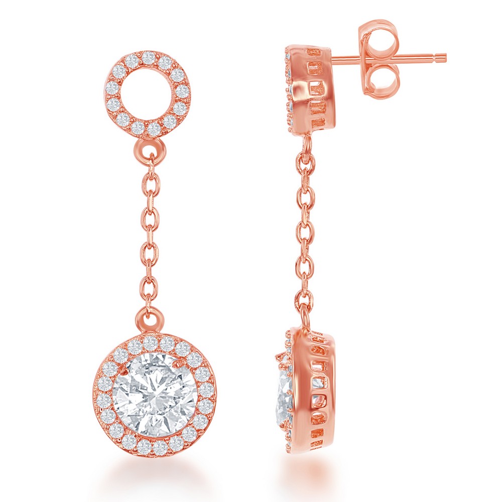 Sterling Silver Rose GP Open CZ Circle with Round Dropdown CZ Earrings