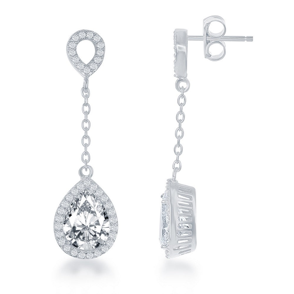 Sterling Silver Open CZ Circle with Teardrop Dropdown CZ Earrings