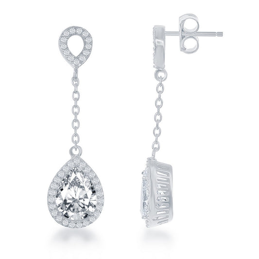 Sterling Silver Open CZ Circle with Teardrop Dropdown CZ Earrings